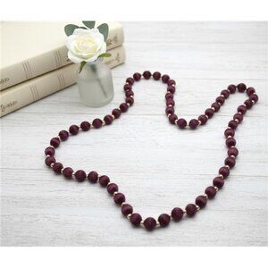 Burgundy Silk Wrapped Bead Necklace Gold Tone Spacer Continuous Strand 28 In